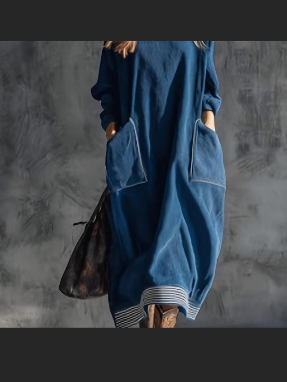 Relaxed Blue Turtleneck Long Sleeve Pocket Dress - Picture 2 of 6